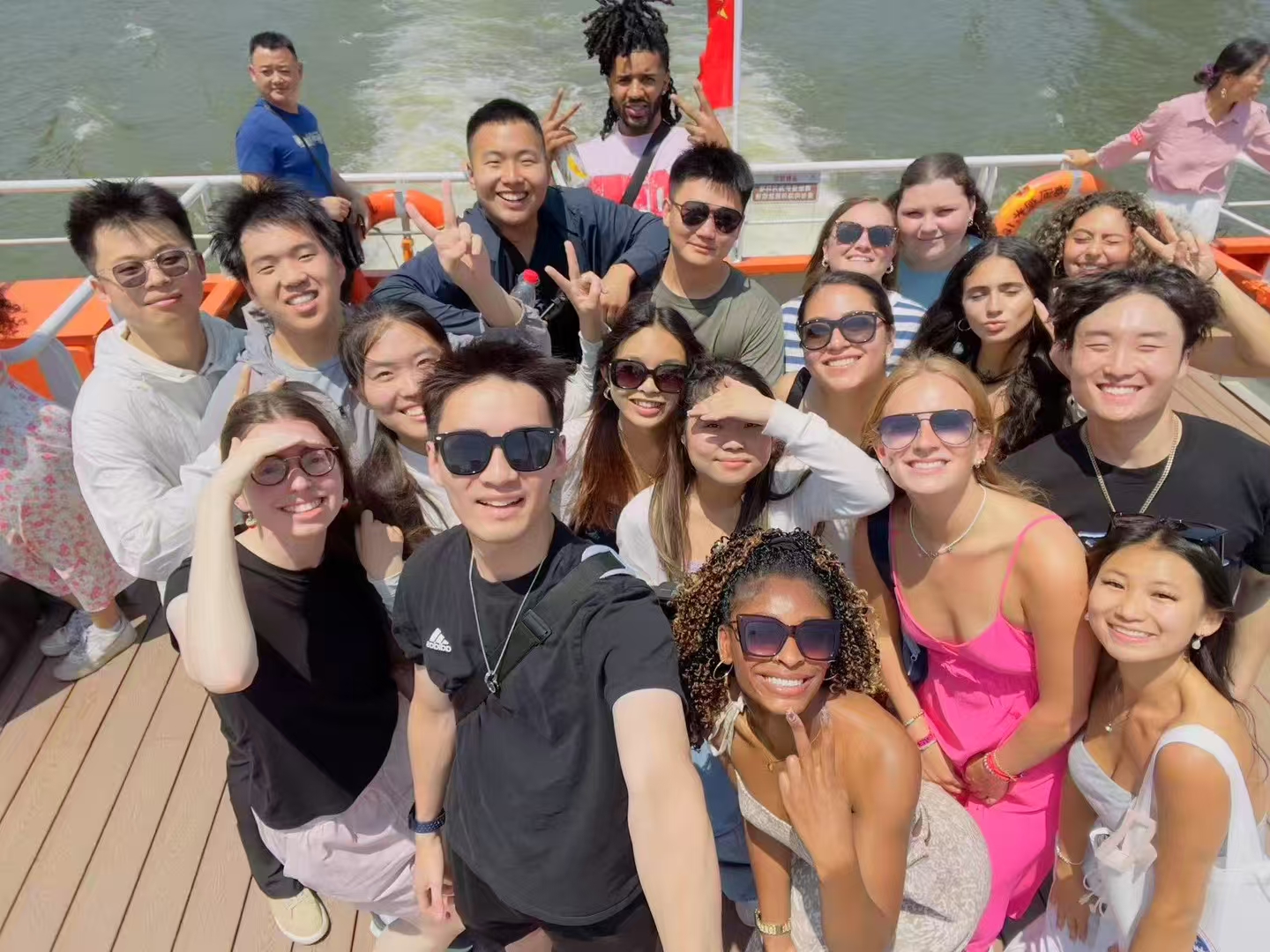 Group photo on the Haihe River cruise in Tianjin